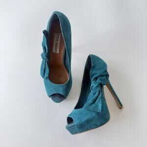 Steve Madden Heel Shoes Womens Size 8 Blue Suede Bow Peep Toe Stiletto Pump